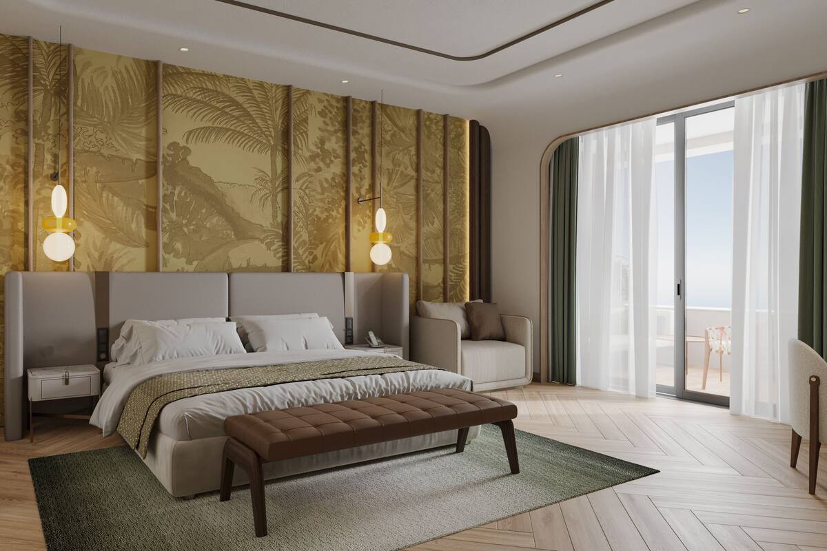A modern bedroom with a large bed, a bench, a nightstand, and a view of the outdoors.