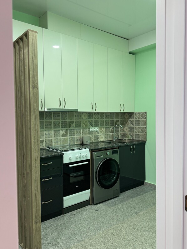 Une cuisine compacte équipée d’une cuisinière à gaz, d’un four et d’un lave-linge encastré.