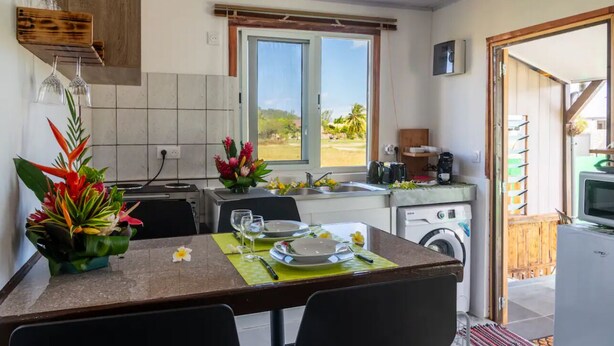 Een compacte keuken met een eethoek, een wasmachine en uitzicht op de omgeving.