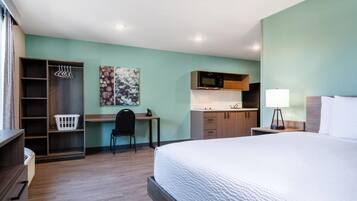 Desk, laptop workspace, free WiFi, bed sheets