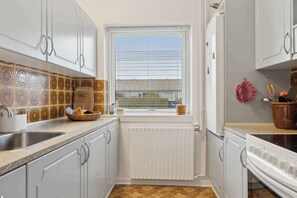 Kühlschrank, Ofen, Herdplatte, Wasserkocher mit Kaffee-/Teezubehör