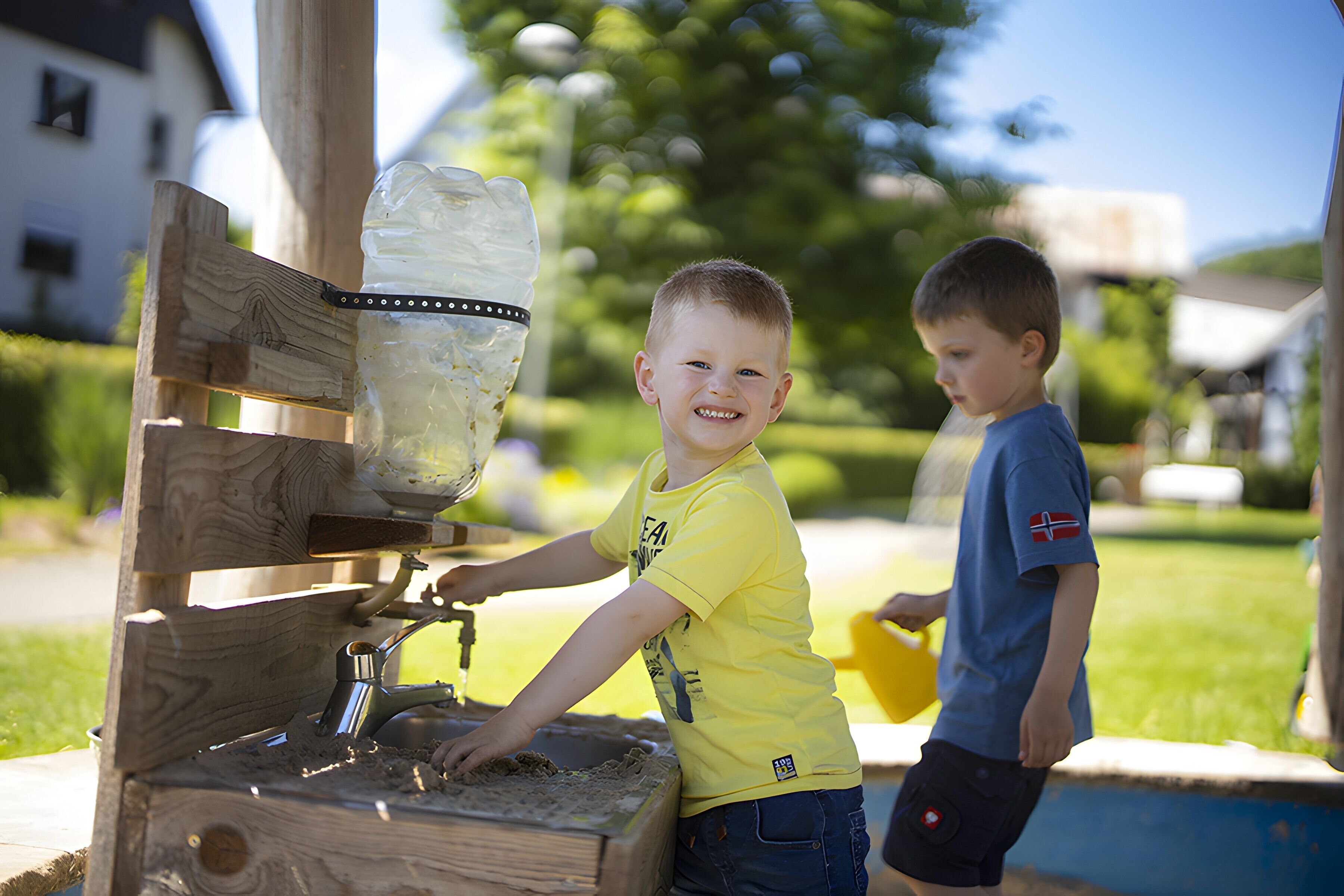 A wooden play structure with a water feature and a child interacting with it.