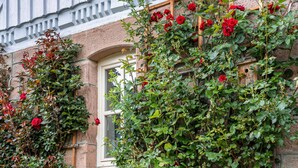 A building with a window, a wooden structure, and red roses. - Apartment 'Klassenzimmer' with Mountain View, Shared Terrace and Wi-Fi (Enzklösterle)