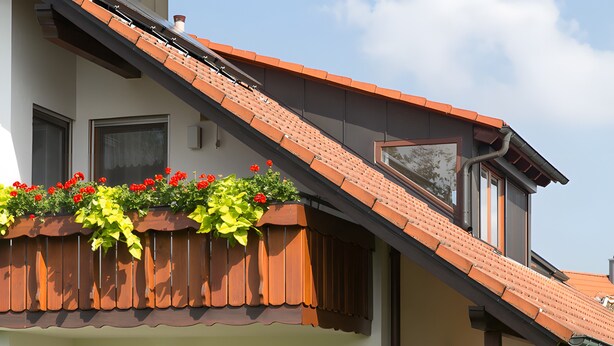 A building with a sloped roof, a window, and a balcony with flowers. - Apartment 'Anne's' with Balcony and Wi-Fi (Bad Waldsee)