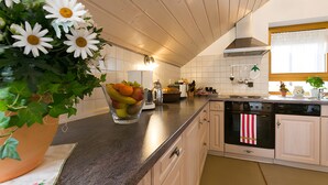 A kitchen with a fruit bowl, a potted plant, a stove, and a dishwasher. - Apartment 'Anne's' with Balcony and Wi-Fi (Bad Waldsee)