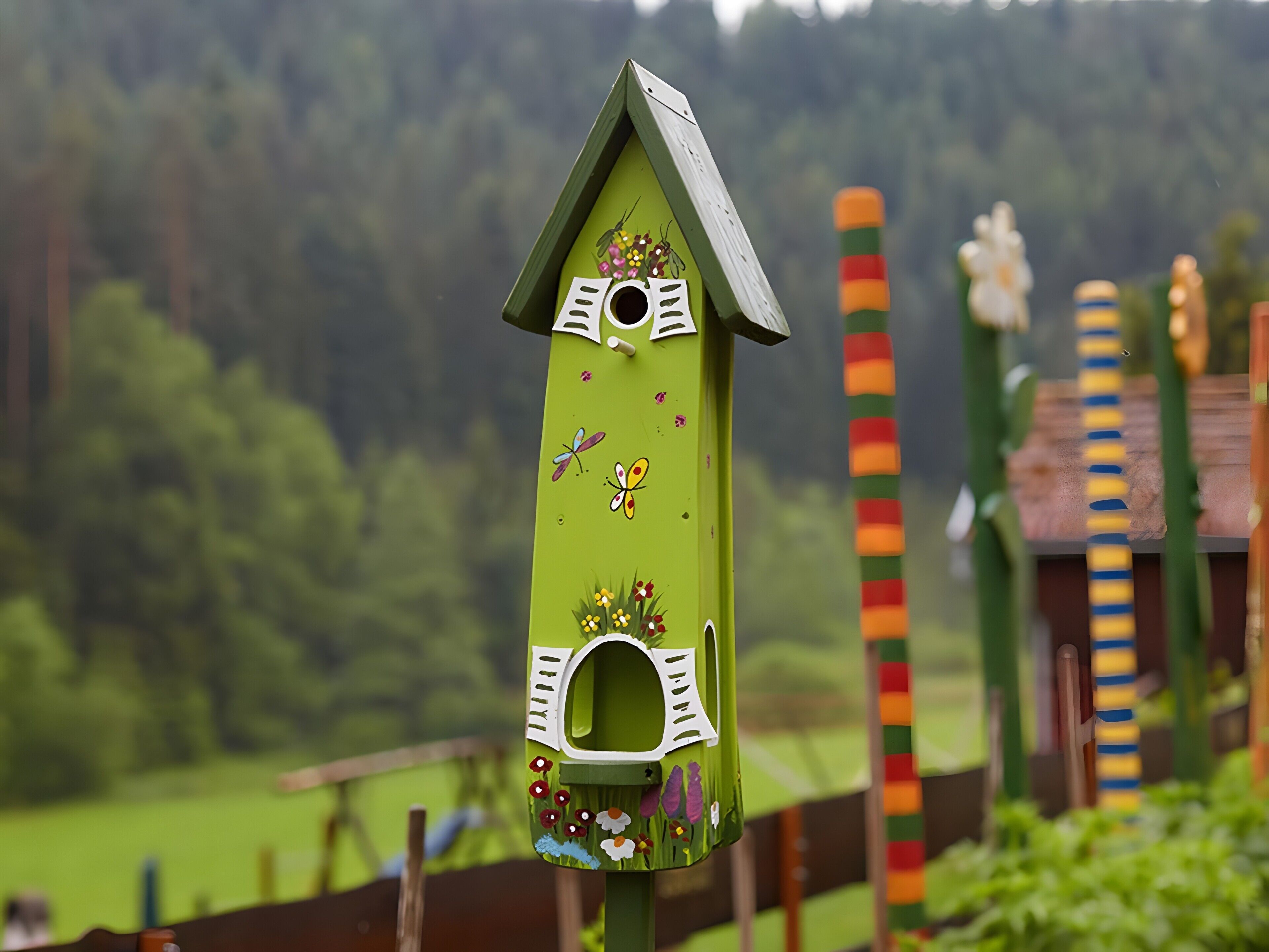 A birdhouse with a green roof and a white front panel, decorated with flowers and butterflies.