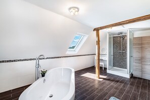 Shower, hair dryer, towels