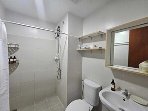 Shower, hair dryer, bidet, towels