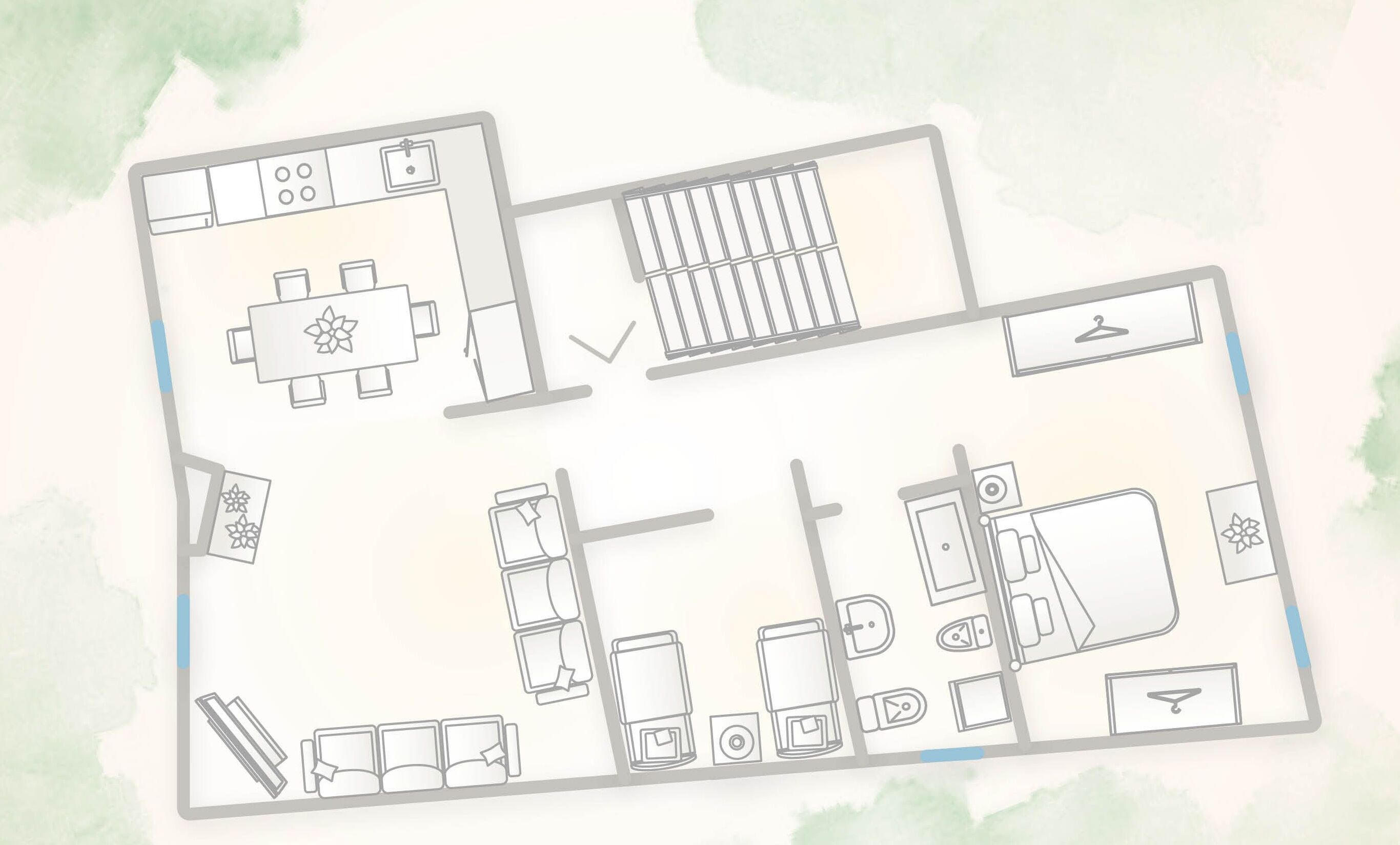 Un plan d’étage d’une chambre d’hôtel comprenant un coin cuisine, un espace repas, une salle de bain et un coin salon.