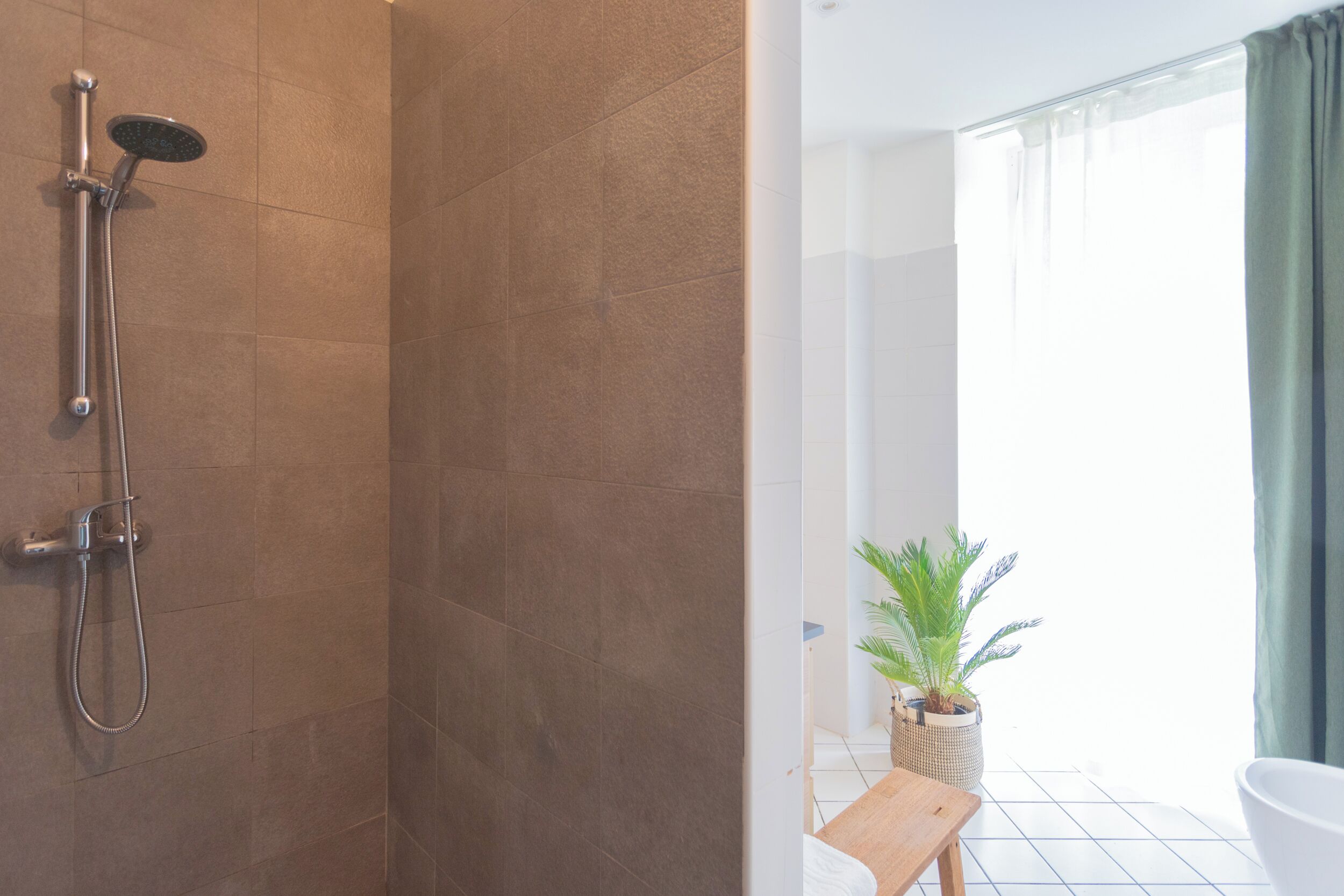 Un bagno moderno con doccia, una pianta in vaso e vista sull'esterno.