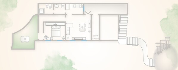 Plano de planta del Apartamento Frente al Lago con Funicular Privado, que incluye sala de estar, cocina, comedor y acceso privado por funicular.