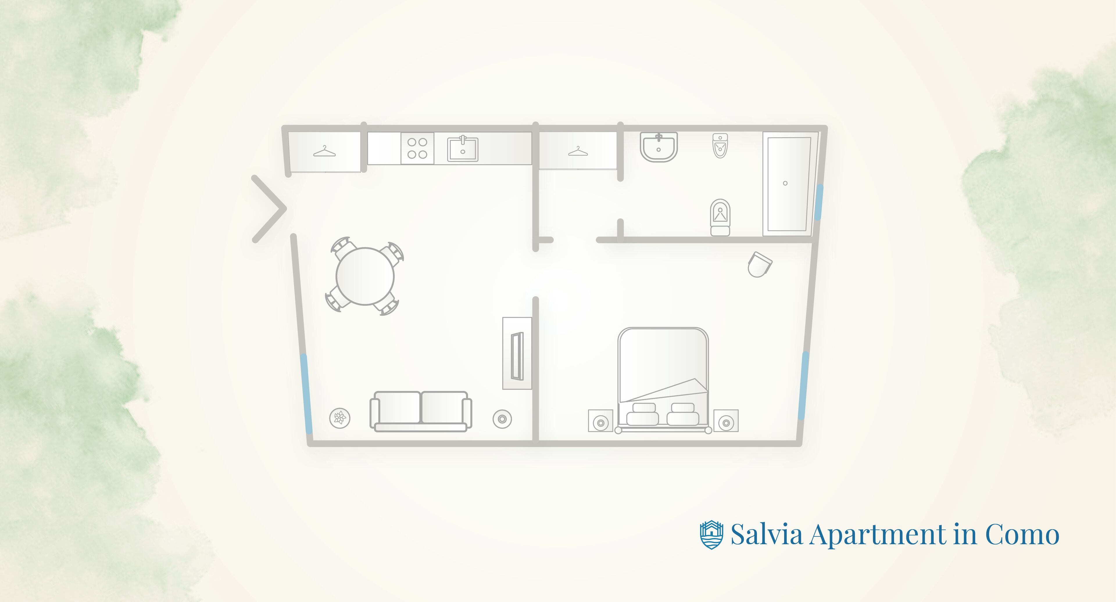 A floor plan of a Salvia apartment in Como, featuring a kitchen, dining area, living room, and a bedroom with a large bed.