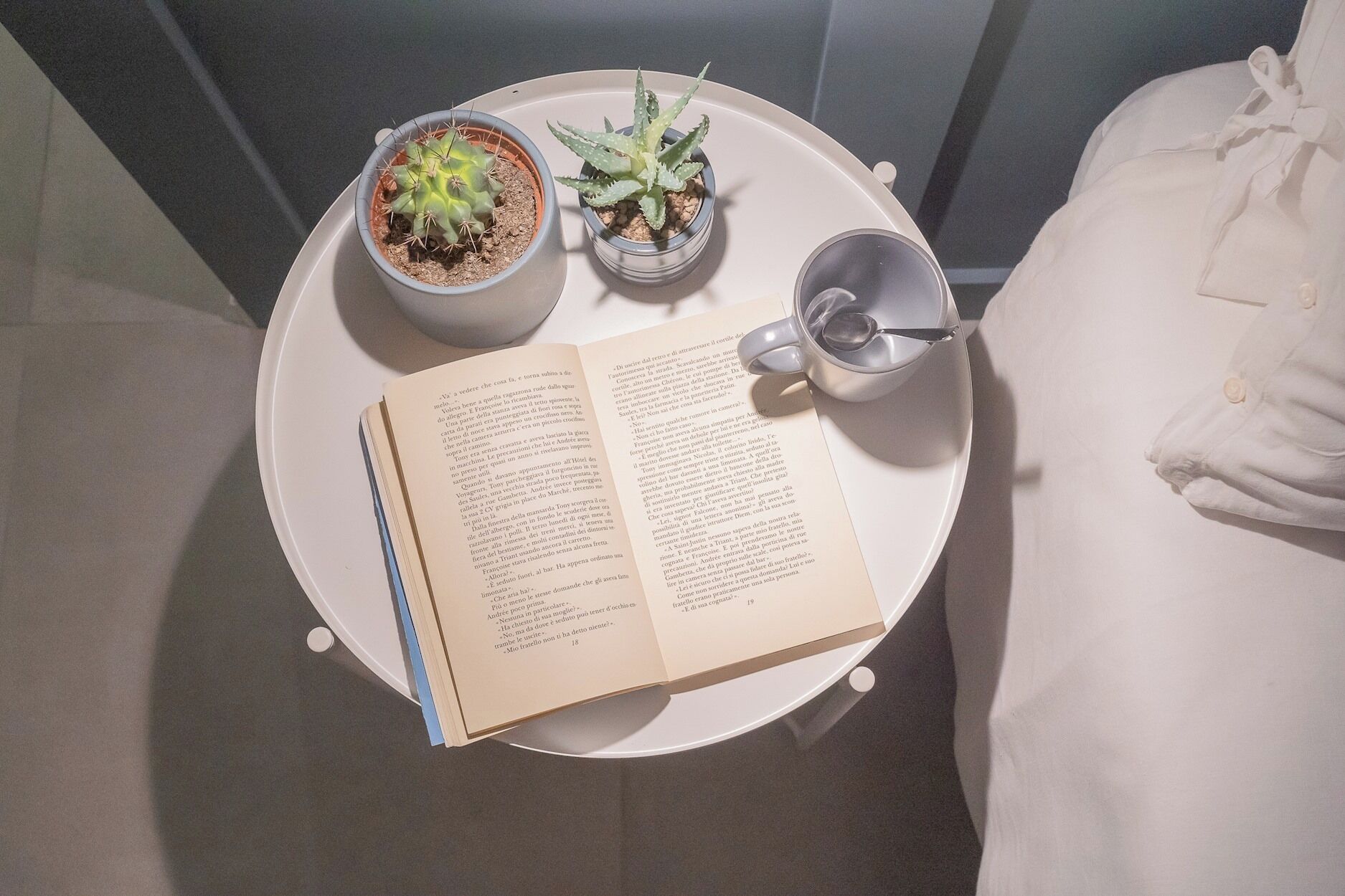 A round table with a book, two potted plants, and a mug.