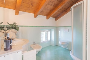 A bathroom with a wooden ceiling, a white sink, a bidet, and a toilet. - Giuliano's House - Amazing Lake View by Rent all Como (Laglio)