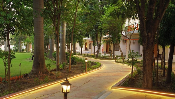 Un sendero curvo bordeado de árboles e iluminado por luces en el suelo, que conduce a un edificio de estilo arquitectónico tradicional.