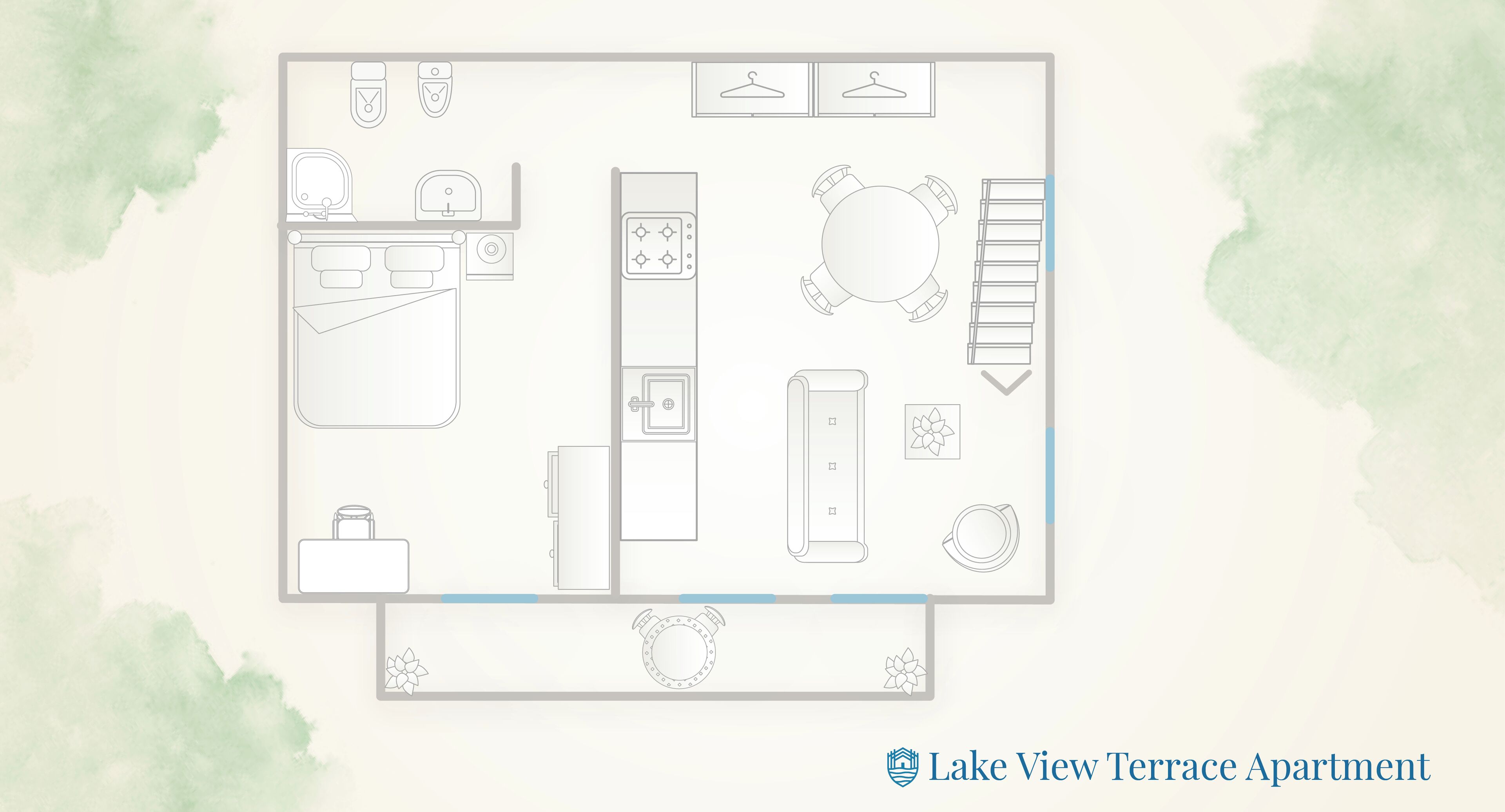 Grundriss einer Apartmentwohnung mit Seeblick, inklusive Küche, Essbereich und Wohnzimmer.