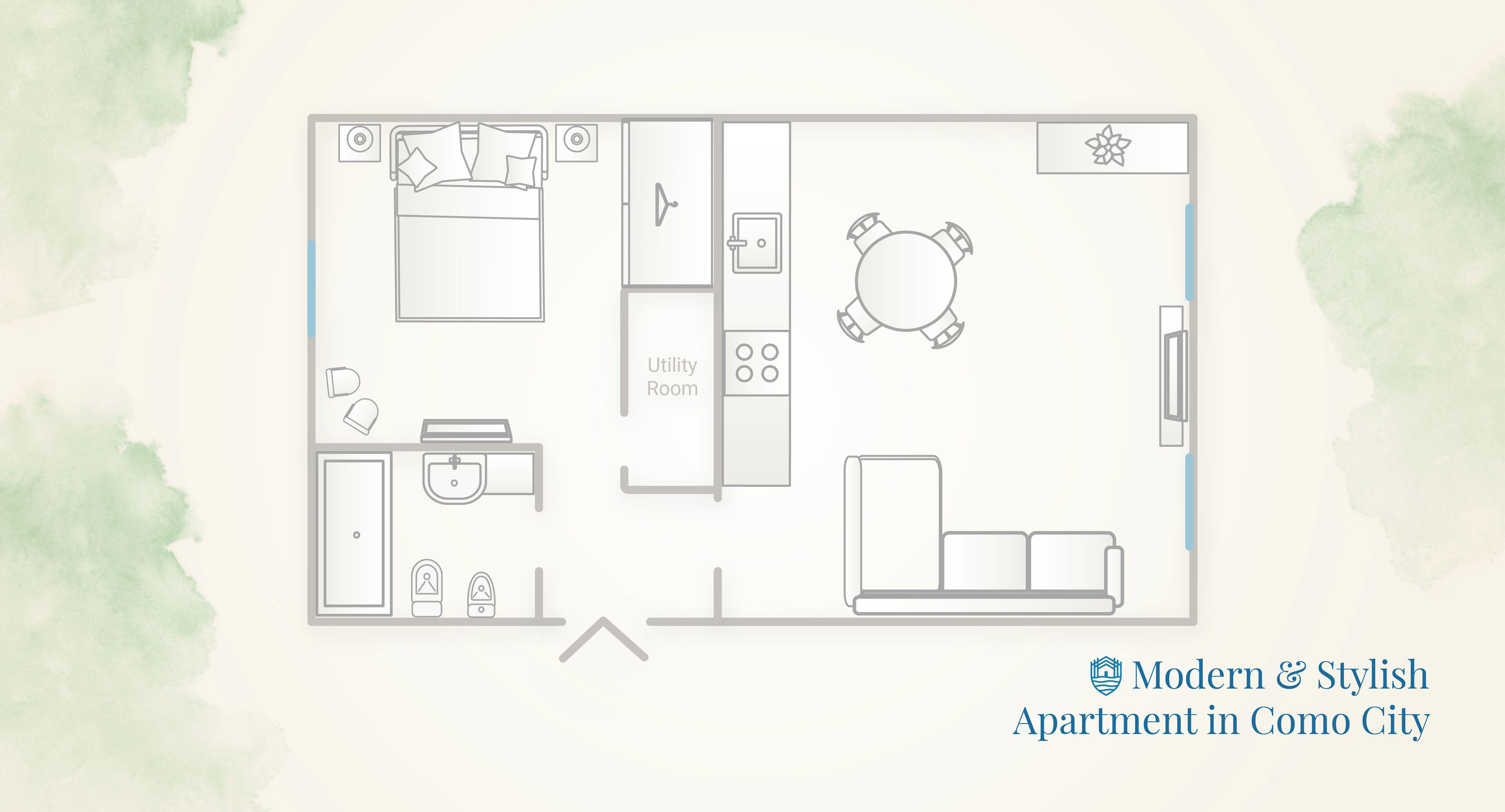 A modern apartment layout with a bedroom, bathroom, kitchen, dining area, and living room.