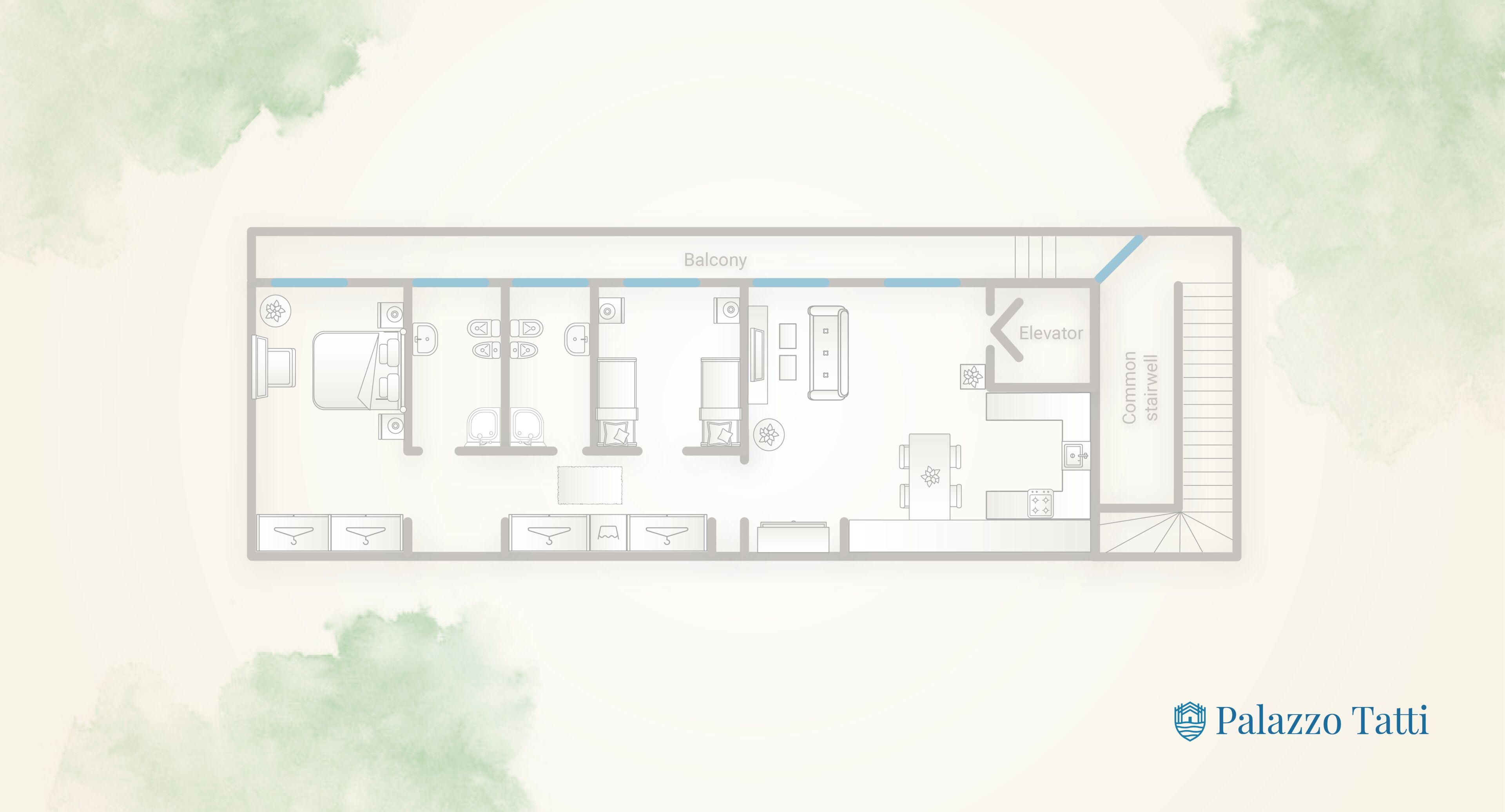 Ein Grundriss eines Hotels mit Balkon, einer gemeinsamen Treppe und einem Aufzug.