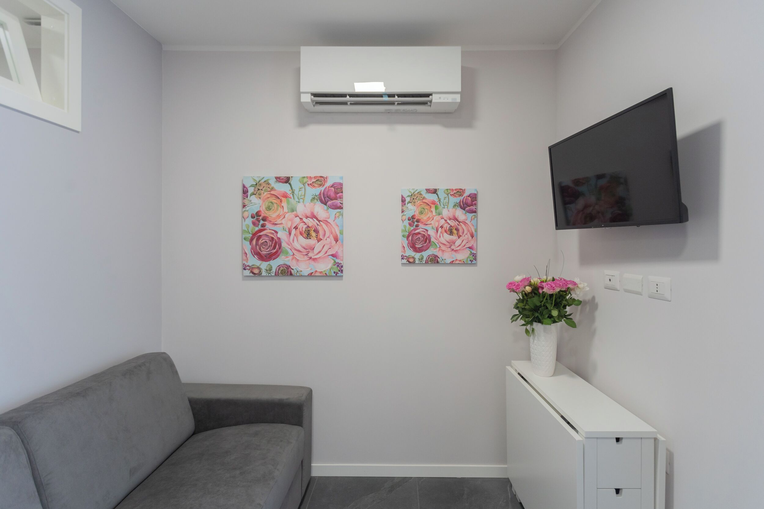 Een kamer met een grijze bank, twee bloemrijke schilderijen, een witte console tafel met een vaas, een wandgemonteerde televisie en een airconditioner.