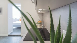 A modern kitchen with a built-in stove, a sink, and a window overlooking a balcony. - Sant'Agostino Apartments by Rent all Como (Como)