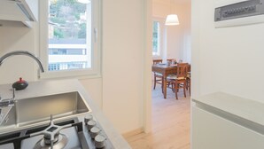 A modern kitchen with a gas stove, sink, and window overlooking a residential area. - White Lake View Apartment by Rent all Como (Como)