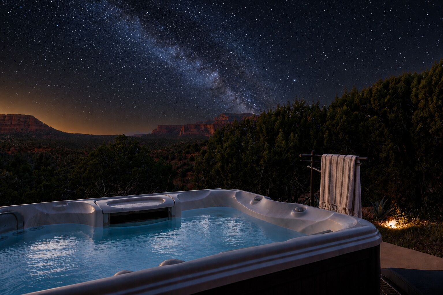 A hot tub with a night sky view, surrounded by trees and a mountain backdrop.