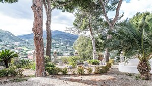 Ein Garten mit Bäumen, Steinen und Blick auf eine Stadt im Hintergrund.