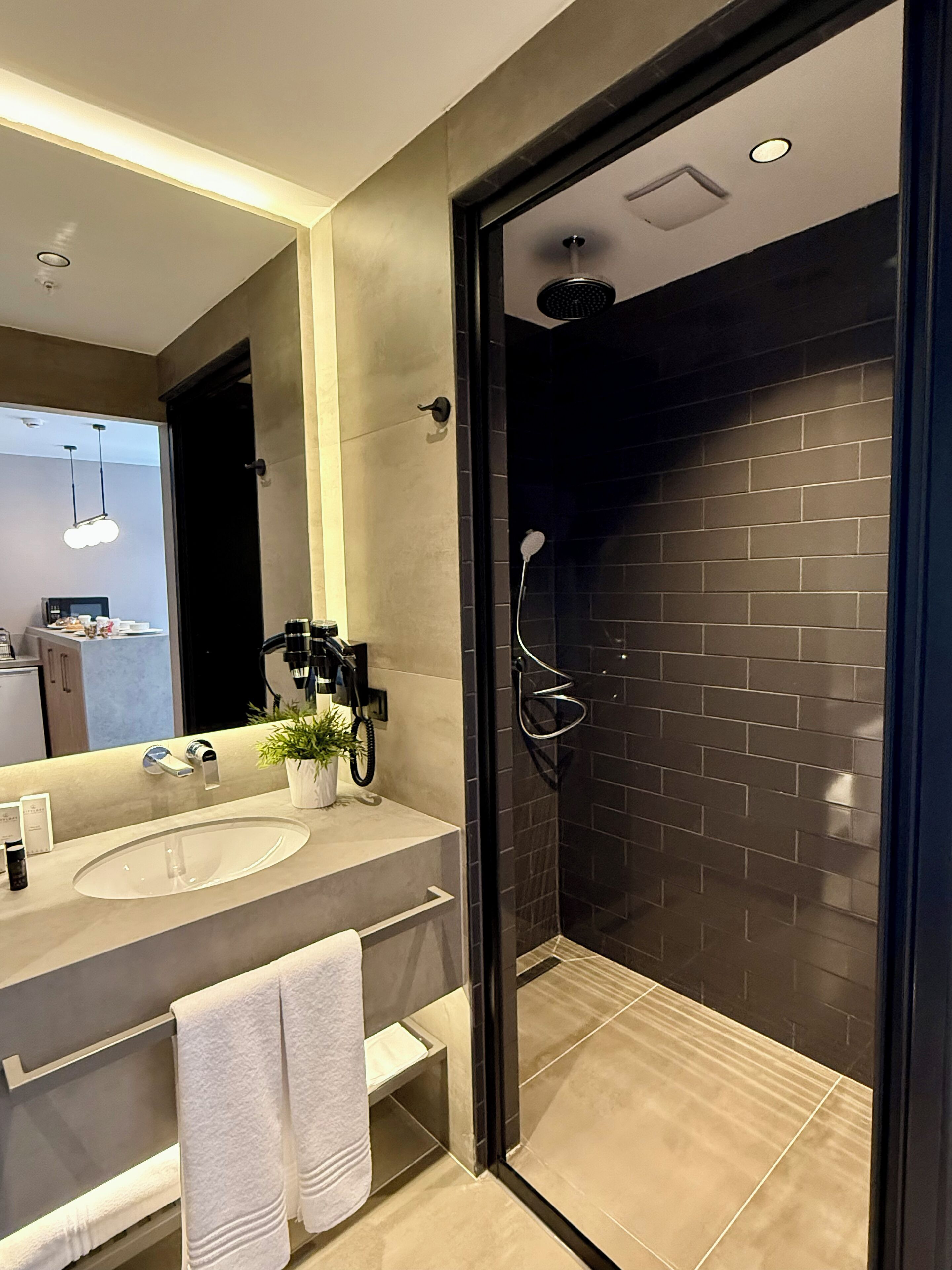 A modern bathroom with a glass-enclosed shower, a double sink vanity, and a large mirror.