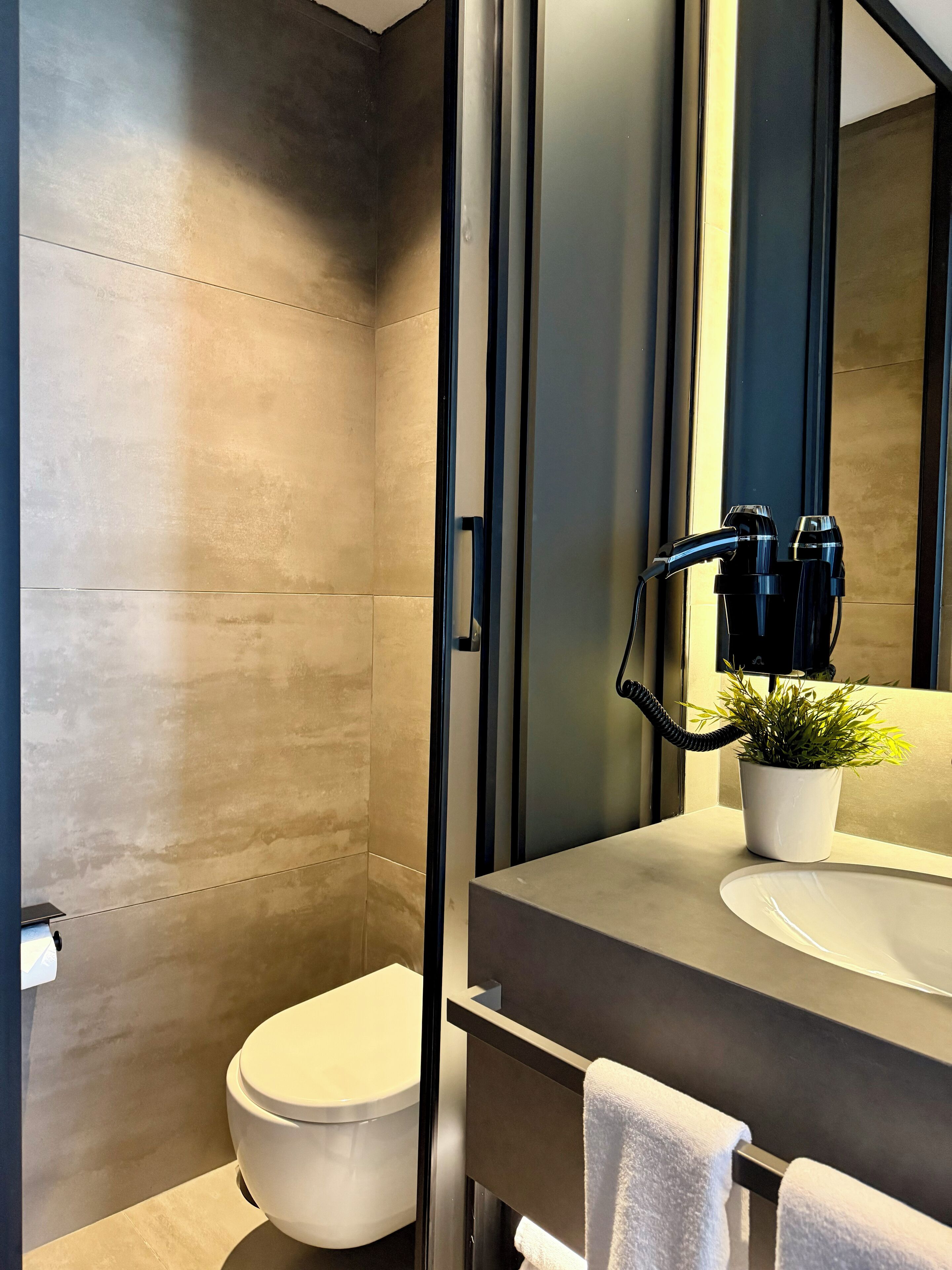 A modern bathroom with a toilet, a sink with a mirror, and a potted plant.