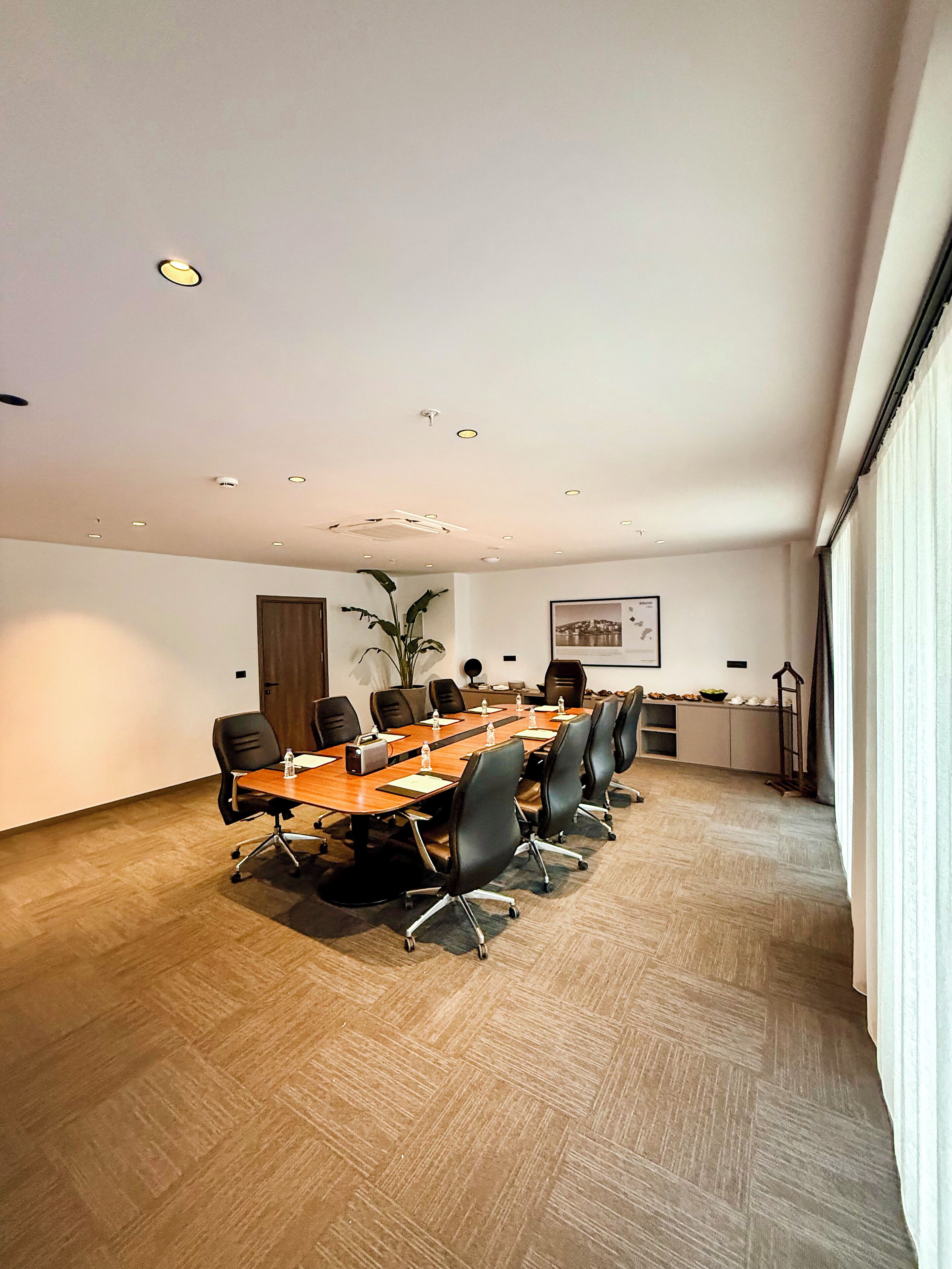 A conference room with a long table, black chairs, a potted plant, and a framed picture on the wall.