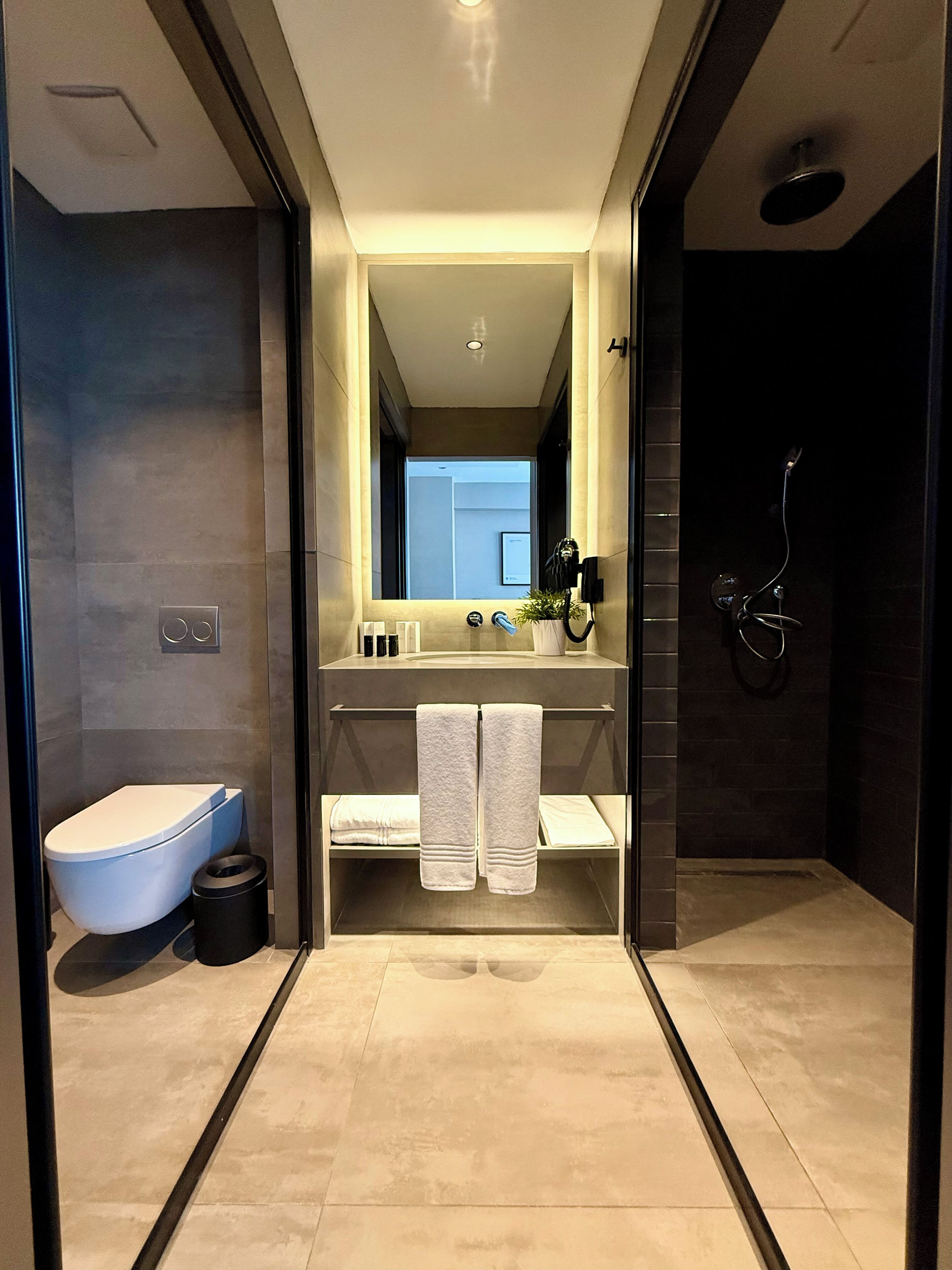 Ein modernes Badezimmer mit Toilette, Waschbecken und Dusche.