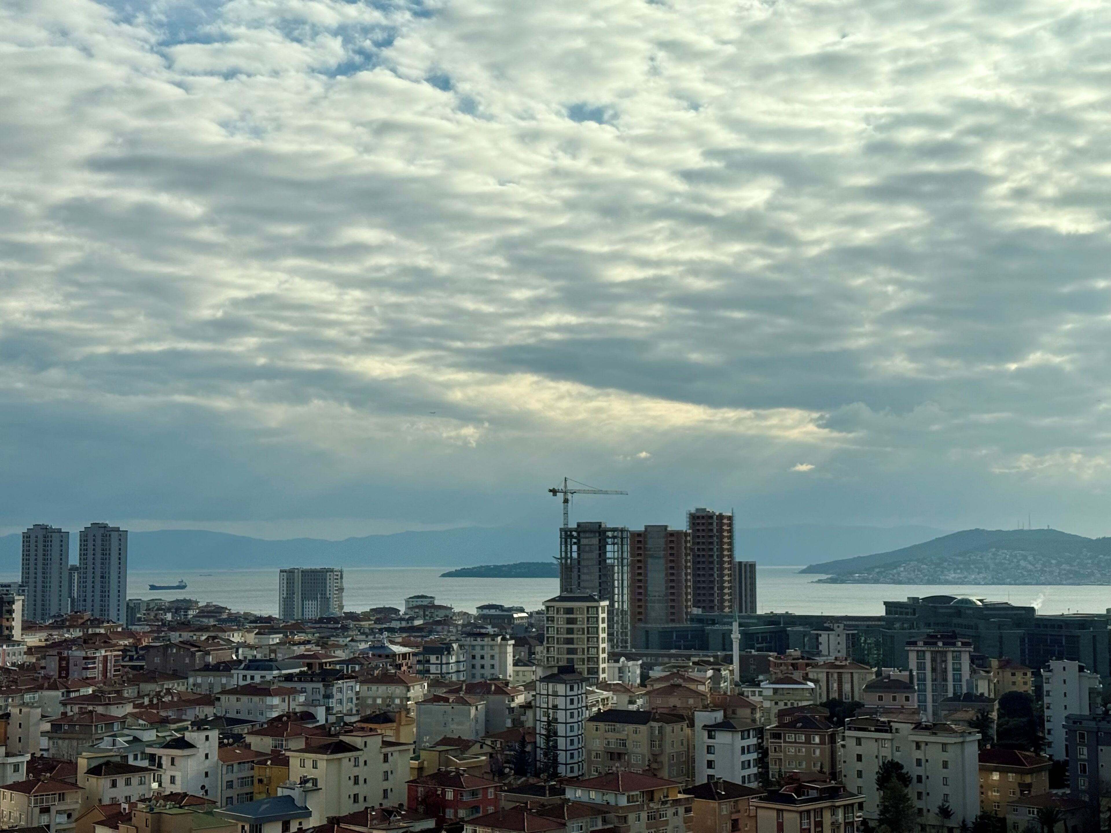 A coastal cityscape with dense urban buildings, a prominent construction crane, and a body of water in the background.