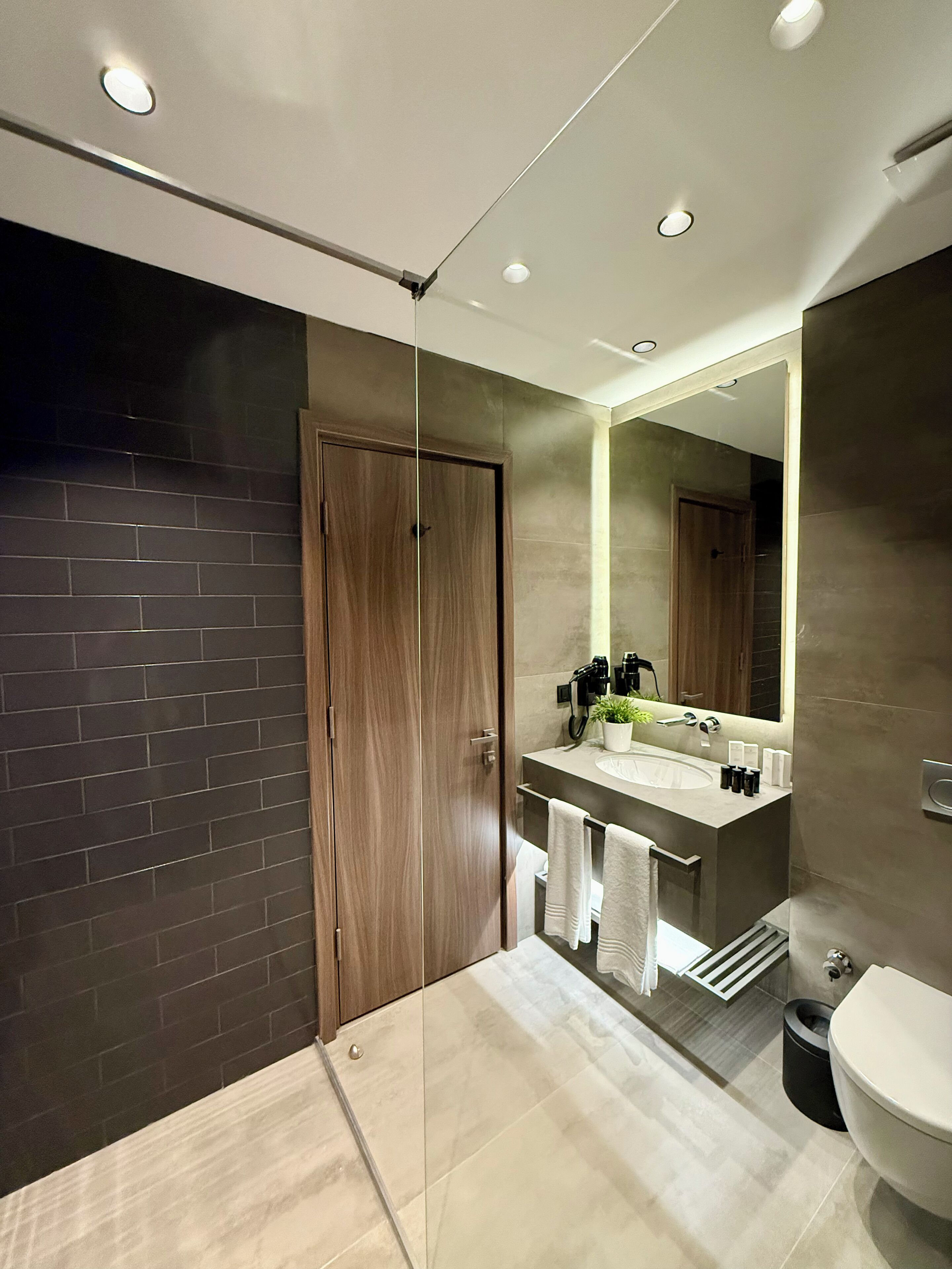 A modern bathroom with a dark brick wall, a wooden door, a large mirror, a sink with toiletries, and a toilet.