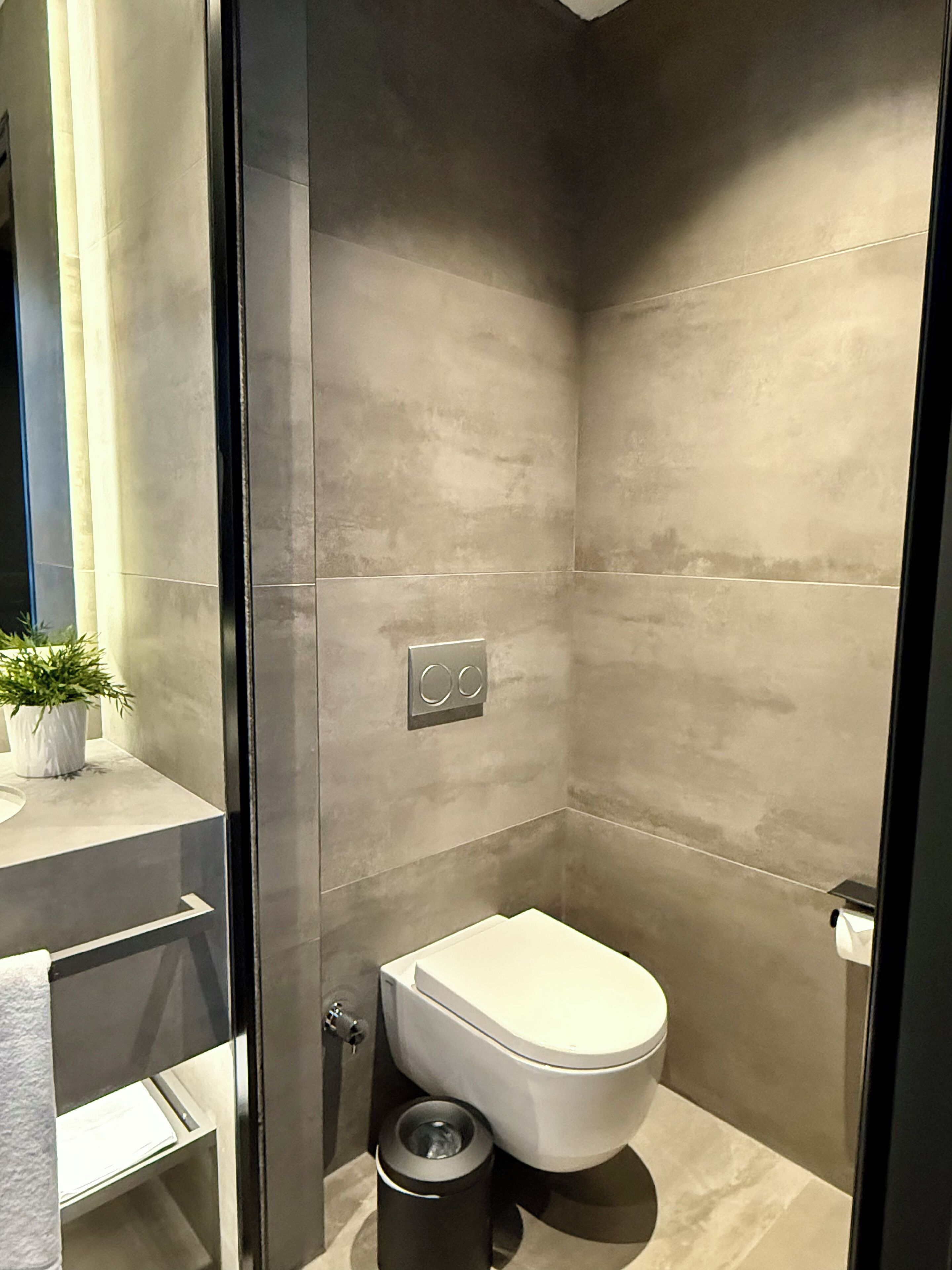 Un baño moderno con cabina de ducha de vidrio, inodoro y una pequeña zona de lavamanos con una planta en maceta.
