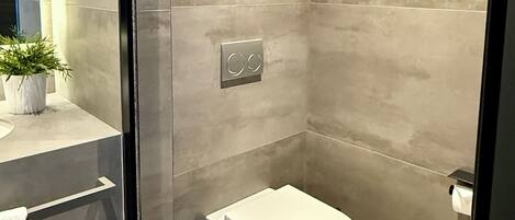 Un baño moderno con cabina de ducha de vidrio, inodoro y una pequeña zona de lavamanos con una planta en maceta.