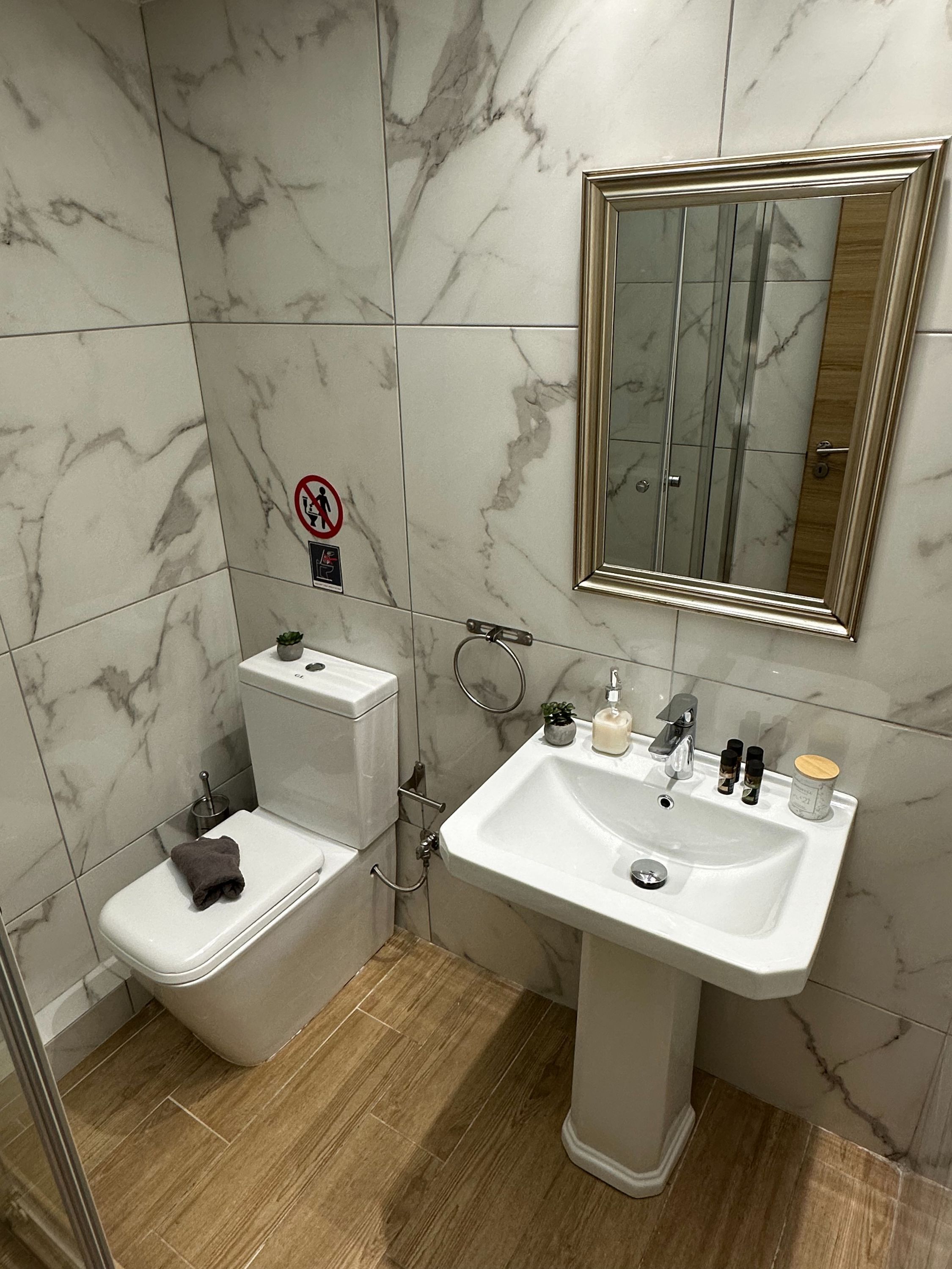 A bathroom with a toilet, sink, and mirror.