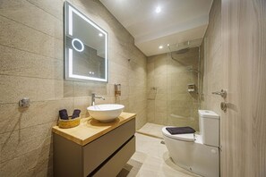 Secadora de cabello, toallas, papel de baño 
