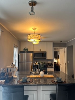 A modern kitchen with granite countertops, stainless steel appliances, and a pendant light fixture. - French Inspired Stay Fireplace Coffee bar Cozy (Englewood)