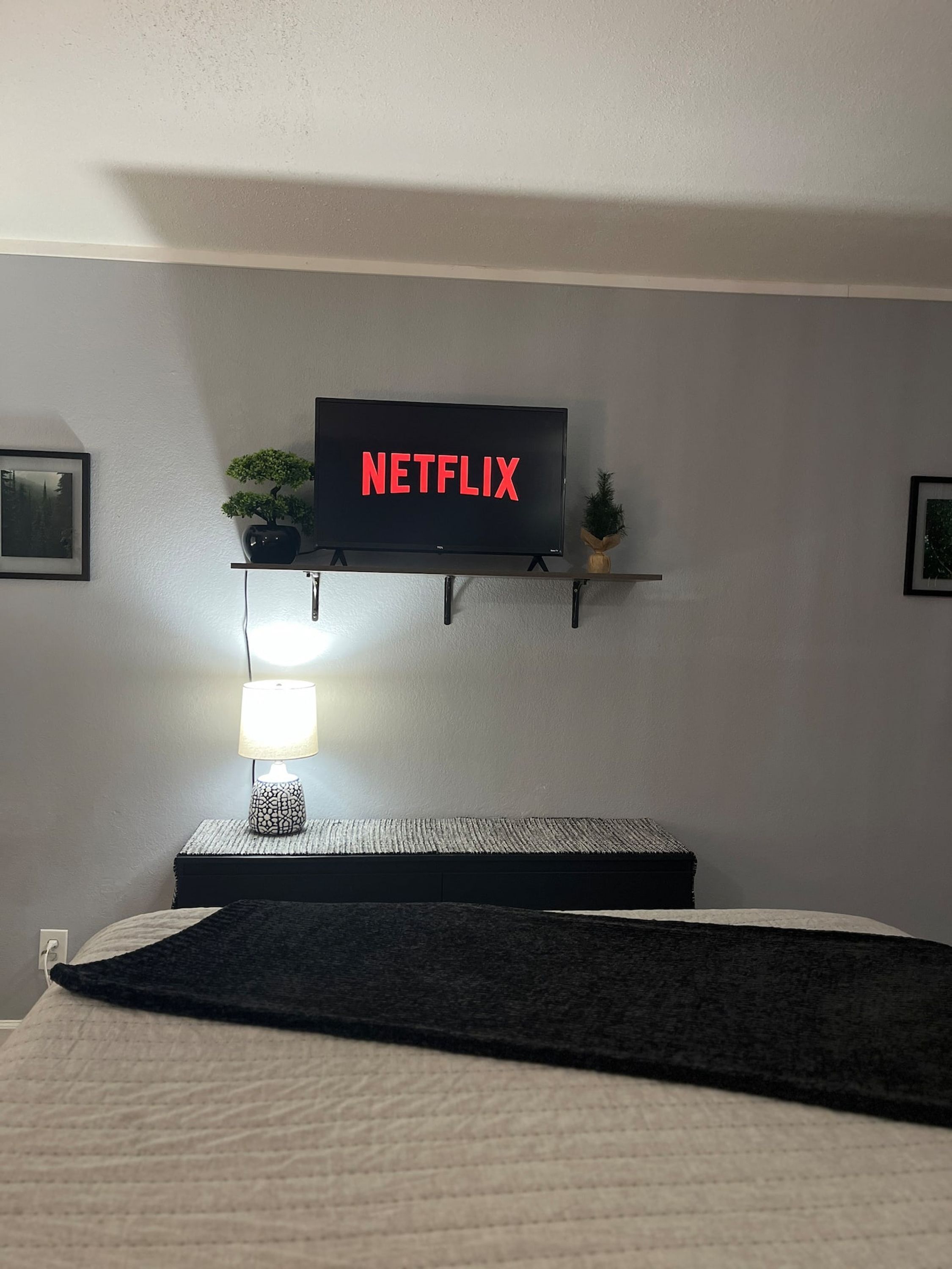 A hotel room with a bed, a bedside table with a lamp, a wall-mounted TV displaying 'NETFLIX', and a small plant on the wall.