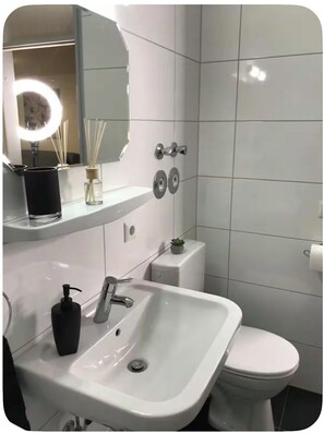 Hair dryer, towels, soap, toilet paper