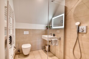 Shower, hair dryer, towels