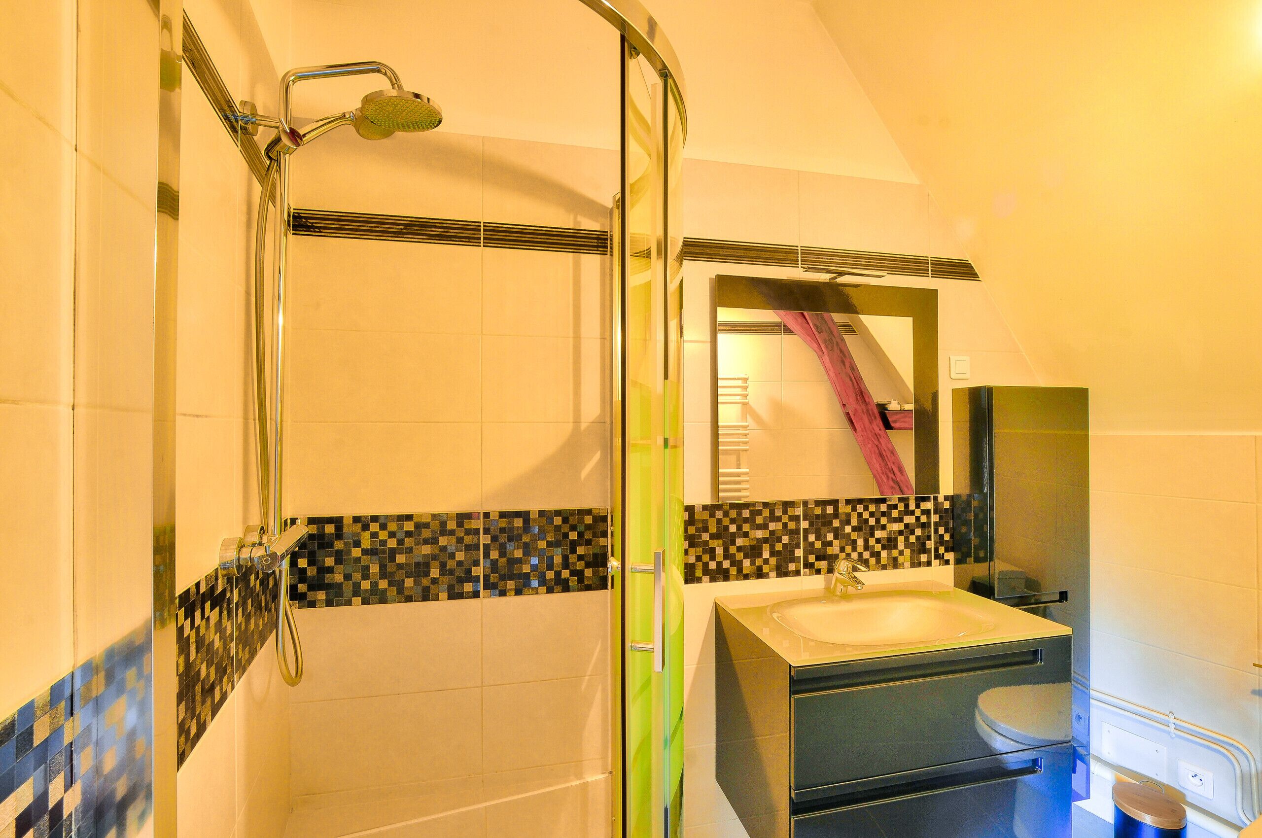 Une salle de bain avec une douche, un lavabo et un miroir.