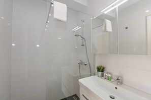 Shower, hair dryer, towels, soap