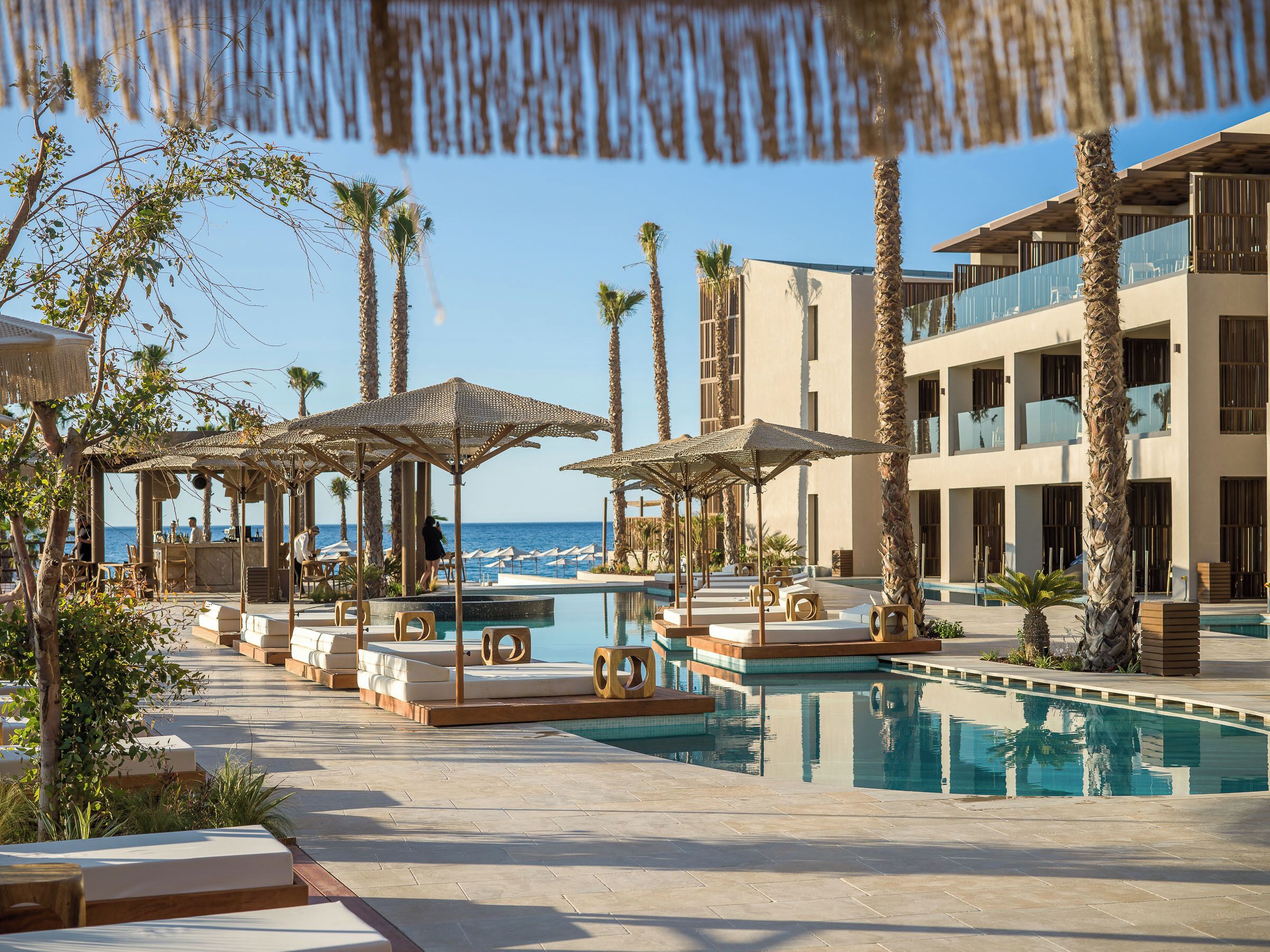 A pool area with lounge chairs and umbrellas, surrounded by palm trees and a building with balconies.