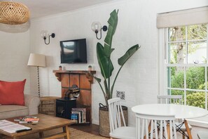 Una Smart TV, una chimenea, libros