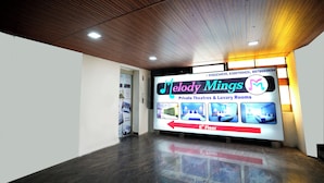 A lobby with a large sign for Melody Mings Private Theatres & Luxury Rooms on the 6th floor. - Melody mings (Hyderabad)