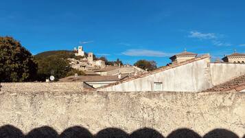 Un pueblo histórico con edificios de piedra, una iglesia destacada y un castillo en la colina.