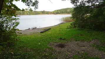 A lakeside view with a grassy area and trees.
