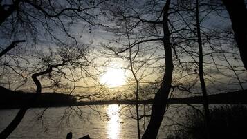 A sunset over a body of water with silhouetted trees.