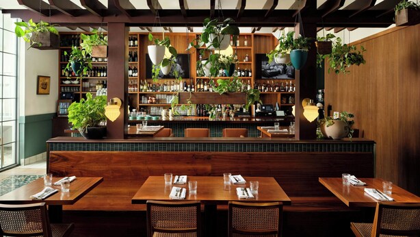 Un restaurante con mesas y sillas de madera, una zona de bar con estanterías llenas de botellas y plantas colgantes.